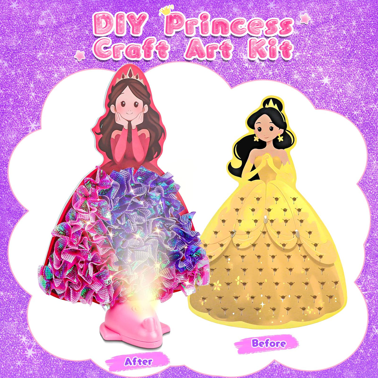 Fortand Poke-Art Crafts Kit for Kids, Princesses Craft Kits for Girls Ages 4-9 Paper Craft Kits with LED Base DIY Creative Activity Toys Gifts for Girls & Boys Ages 4 5 6 7 8 9 Mess-Free Fun for Kids Fortand