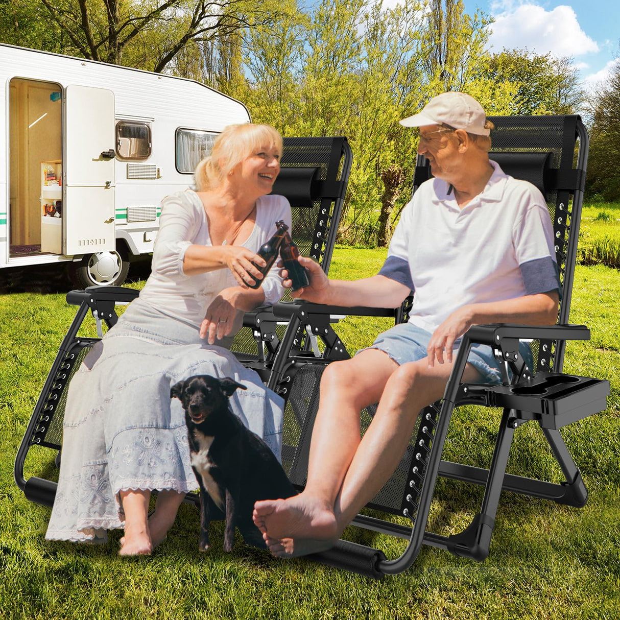 Oversized Zero Gravity Chair with Cushion XXL, 33In Padded Lounge Chair, Recliner Camping Chair W/Full-Alu Alloy Lock, Cushion, Storage Bag, Footrest, Cup Holder, Folding Chair Support 500lbs, Black YOMIFUN