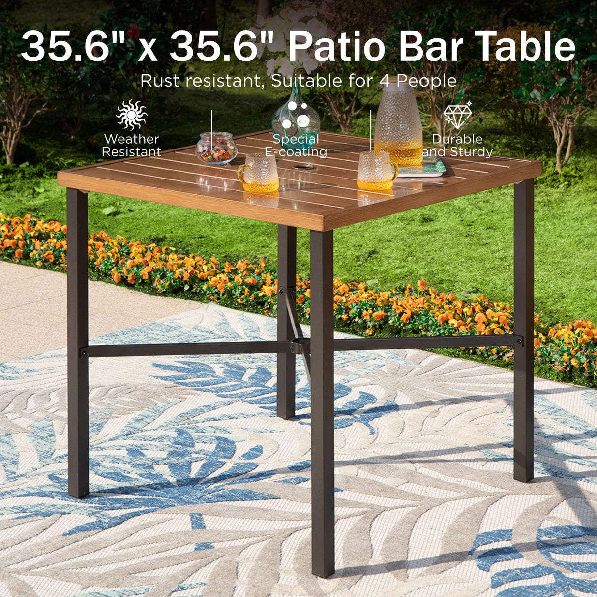 PHI VILLA 5 pcs Outdoor Bar Set, Outdoor Swivel Bar Stool with Red Seat Cushion and Lumbar Support,Extra Large Metal Bar Table with Umbrella Hole for Poolside Garden PHI VILLA