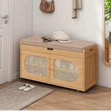 PETKABOO Rattan Shoe Storage Bench,Bamboo Entryway Bench, 2-Tier Shoe Rack,35.4" W x 12.6" D x 19.7" H with 2 Doors & Padded Seat Cushion for Entryway, Living Room, Bedroom, Natural PETKABOO