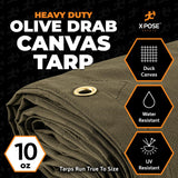 Xpose Safety Canvas Tarp - 10oz Olive Drab Poly Canvas Tarps Heavy Duty Water Resistant with Brass Grommets- Multipurpose Outdoor Tarpaulin for Camping, Canopy, Trailer, Equipment Cover 20' x 40' Xpose Safety