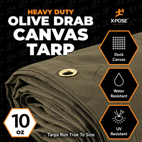 Xpose Safety Canvas Tarp - 10oz Olive Drab Poly Canvas Tarps Heavy Duty Water Resistant with Brass Grommets- Multipurpose Outdoor Tarpaulin for Camping, Canopy, Trailer, Equipment Cover 20' x 40' Xpose Safety