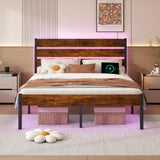 Chuangshuo Guard Full Size Bed Frame with Headboard,Heavy Duty LED Bed Frame with USB Charging Station,Mattress Foundation-Under Bed Storage, No Box Spring Needed, Noise Free,Brown Chuangshuo Guard