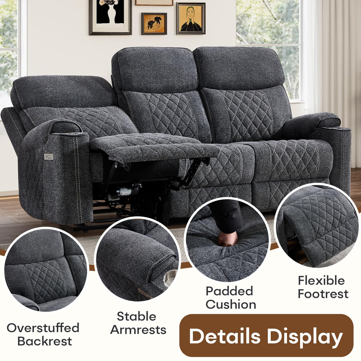 HAOMARKETS 2-Piece Power Recliner Sofa Set with Charging Port, Include Single Recliner Chair and 2-Seater Loveseat Reclining Couch with Hidden Storage and Cup Holders for Living Room, Dark Grey HAOMARKETS