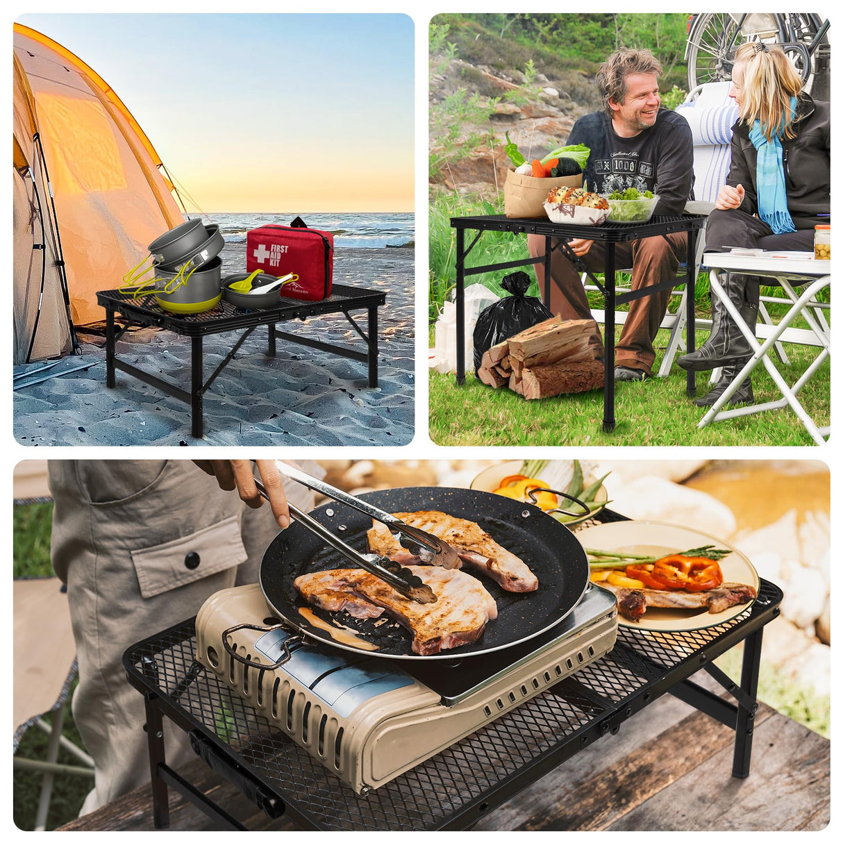 Grovind Folding Grill Table Camping Table with Mesh Desktop, Lightweight & Portable Outdoor Picnic Table, Height Adjustable Portable Grill Table for Outside Inside Use Grovind