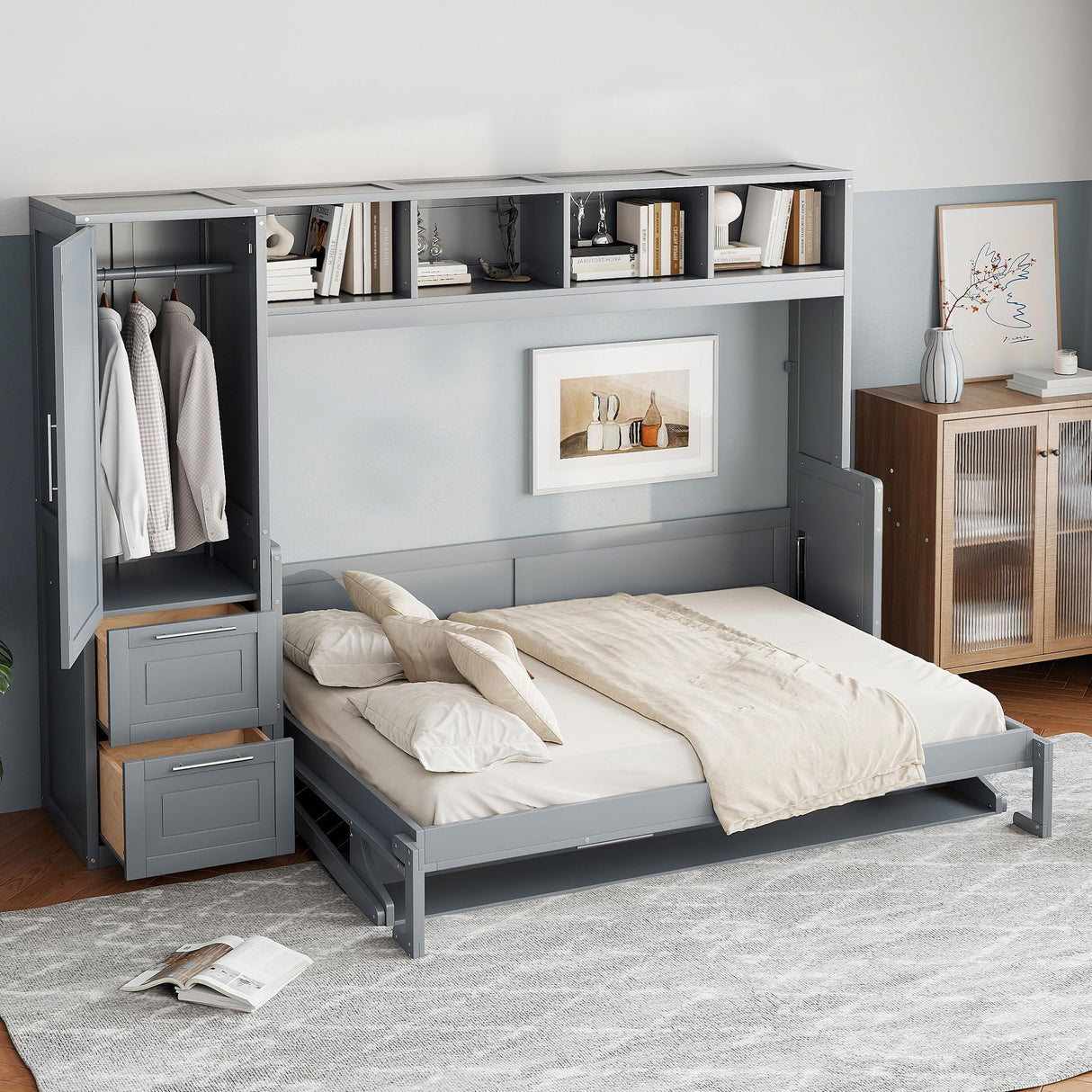 Ball & Cast Queen Size Murphy Bed Wall Chest with Closet and Storage Drawers,Wood Hideaway Platform Bedframe can be Folded,Easy Assembly,for Kids Bedroom,Student Dorms,Gray Ball & Cast