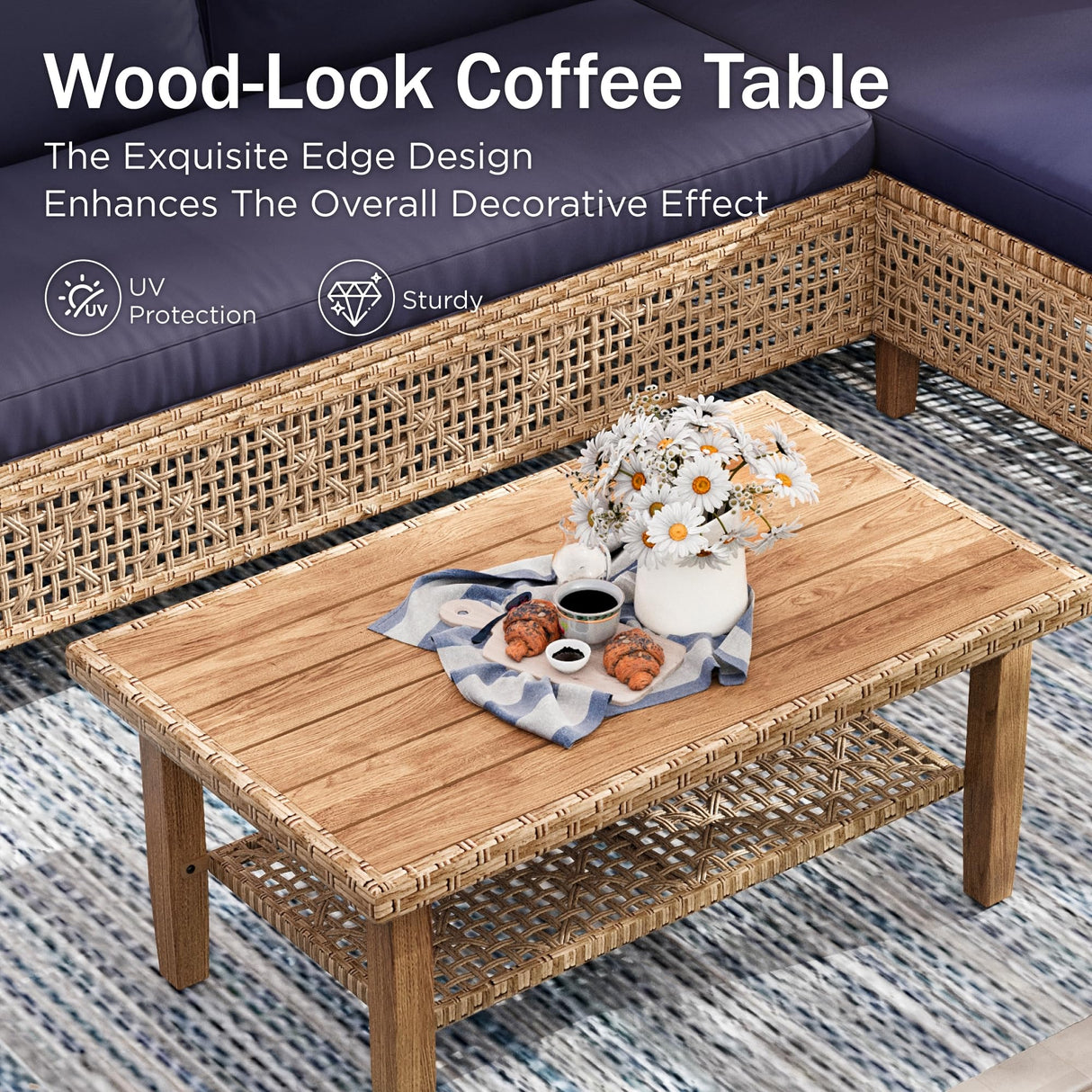 PHI VILLA Wicker Patio Furniture Set, Outdoor L-Shaped Sectional Sofa with Cushions and Acacia Wood Coffee Table, Boho Style for Garden, Deck, or Poolside Lounge，Navy Blue PHI VILLA