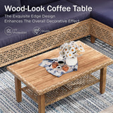 PHI VILLA Wicker Patio Furniture Set, Outdoor L-Shaped Sectional Sofa with Cushions and Acacia Wood Coffee Table, Boho Style for Garden, Deck, or Poolside Lounge，Navy Blue PHI VILLA