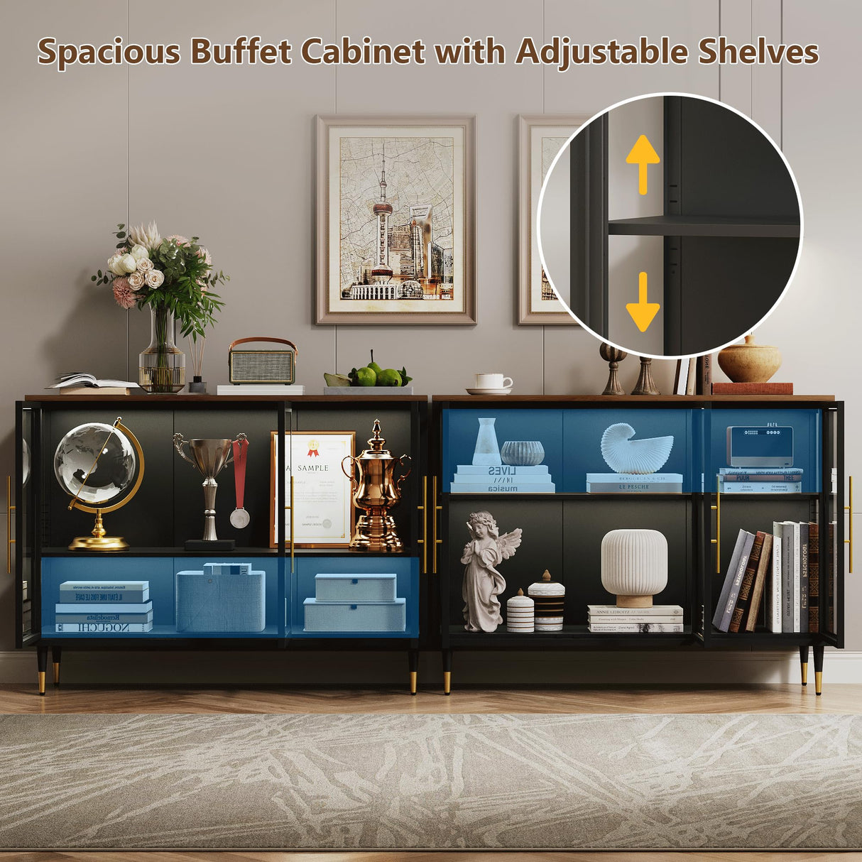 Foreate Glass Sideboard Buffet Cabinet with 13-Color Light, 47.2" Metal Wood Coffee Bar Cabinet with 3 Glass Doors & Adjustable Shelve, Modern Home Bar Credenzas for Home Kitchen Living Room, Black Foreate