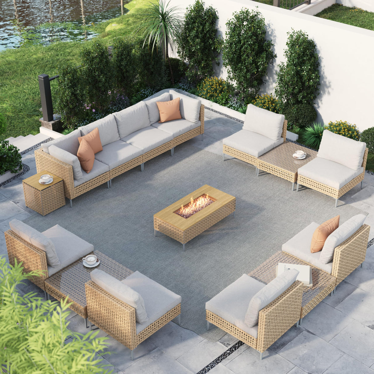 Grand patio 15-Piece Patio Furniture Set with 47" Fire Pit Table, Outdoor Conversation Set & 50,000 BTU 47 Inch Rectangle Propane Fire Pit & Storage Box with Water Resistant Thick Cushions, Cream Grand patio