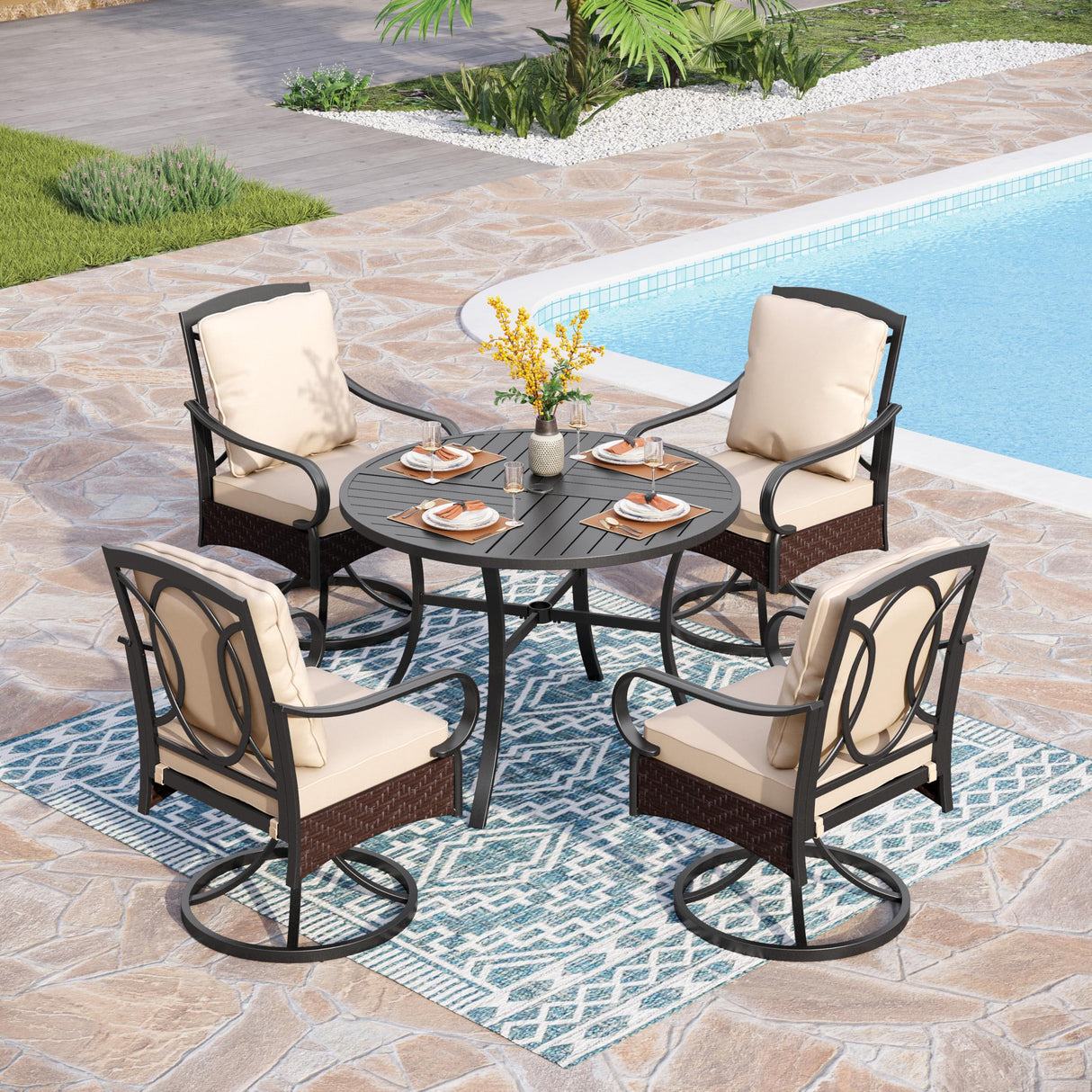 PHI VILLA 5-Piece Outdoor Dining Sets, All-Weather Patio Table and Chairs Set for 4, Heavy Duty Patio Table Set Round for Deck, 4 Extra Large Outdoor Metal Wicker Dining Chairs with Thick Cushions PHI VILLA
