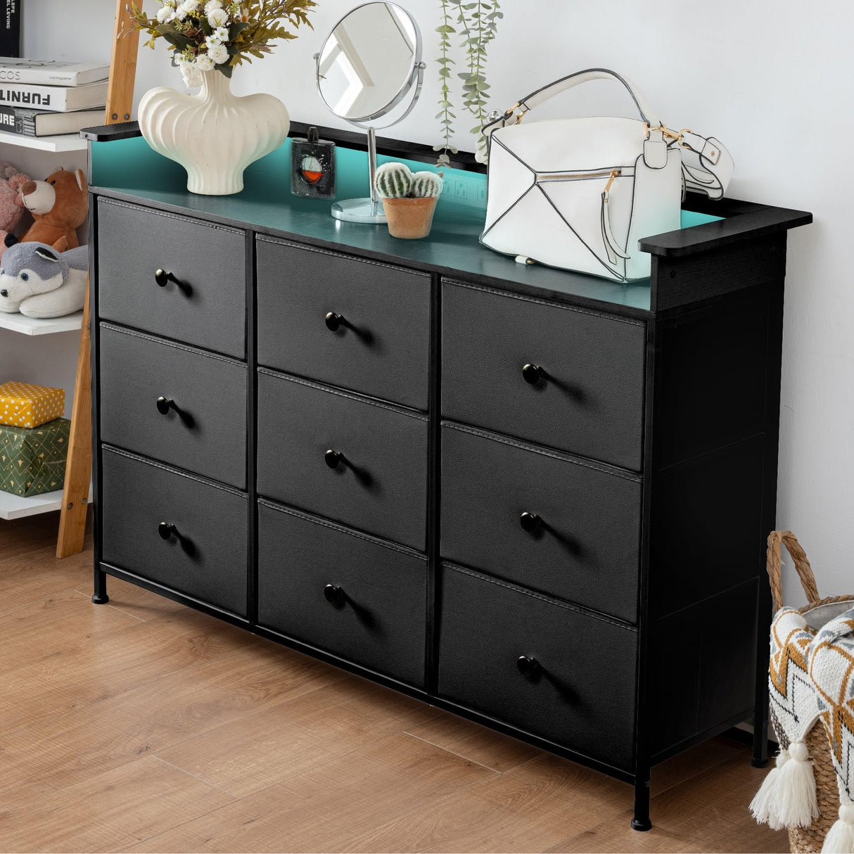 XCHAA Black Dresser with LED Lights and Power Outlet, 9 Drawers Fabric Dresser for Bedroom, Chest of Drawers for Closet, Entryway, Dressing Room, Living Room 49.6" Wide XCHAA