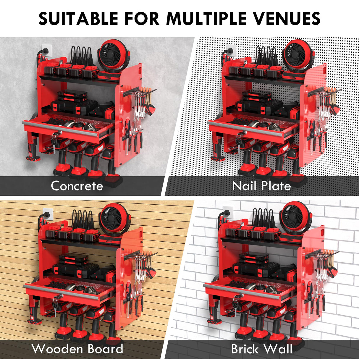KSVO Power Tool Organizer Wall Mount with Drill Rack & Locking Drawers - Heavy Duty Metal Tool Shelf for Garage, Workshop, Shed, Basement Tool Organization - Gift for Men/Father (Red) KSVO