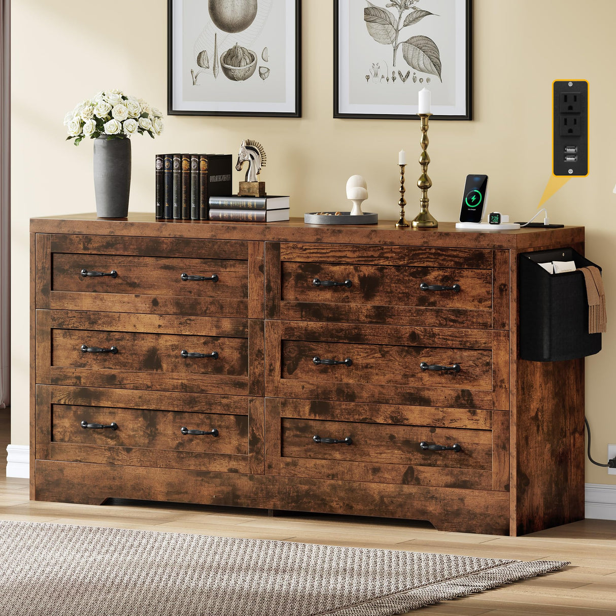 DWVO Farmhouse 6 Drawer Dresser for Bedroom, 60 Inch Large Modern Dresser TV Stand with Large Drawers & Bar Handles, Storage Dressers with Power Outlets, Rustic Wood Chest of Drawers, Rustic Brown DWVO