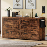 DWVO Farmhouse 6 Drawer Dresser for Bedroom, 60 Inch Large Modern Dresser TV Stand with Large Drawers & Bar Handles, Storage Dressers with Power Outlets, Rustic Wood Chest of Drawers, Rustic Brown DWVO