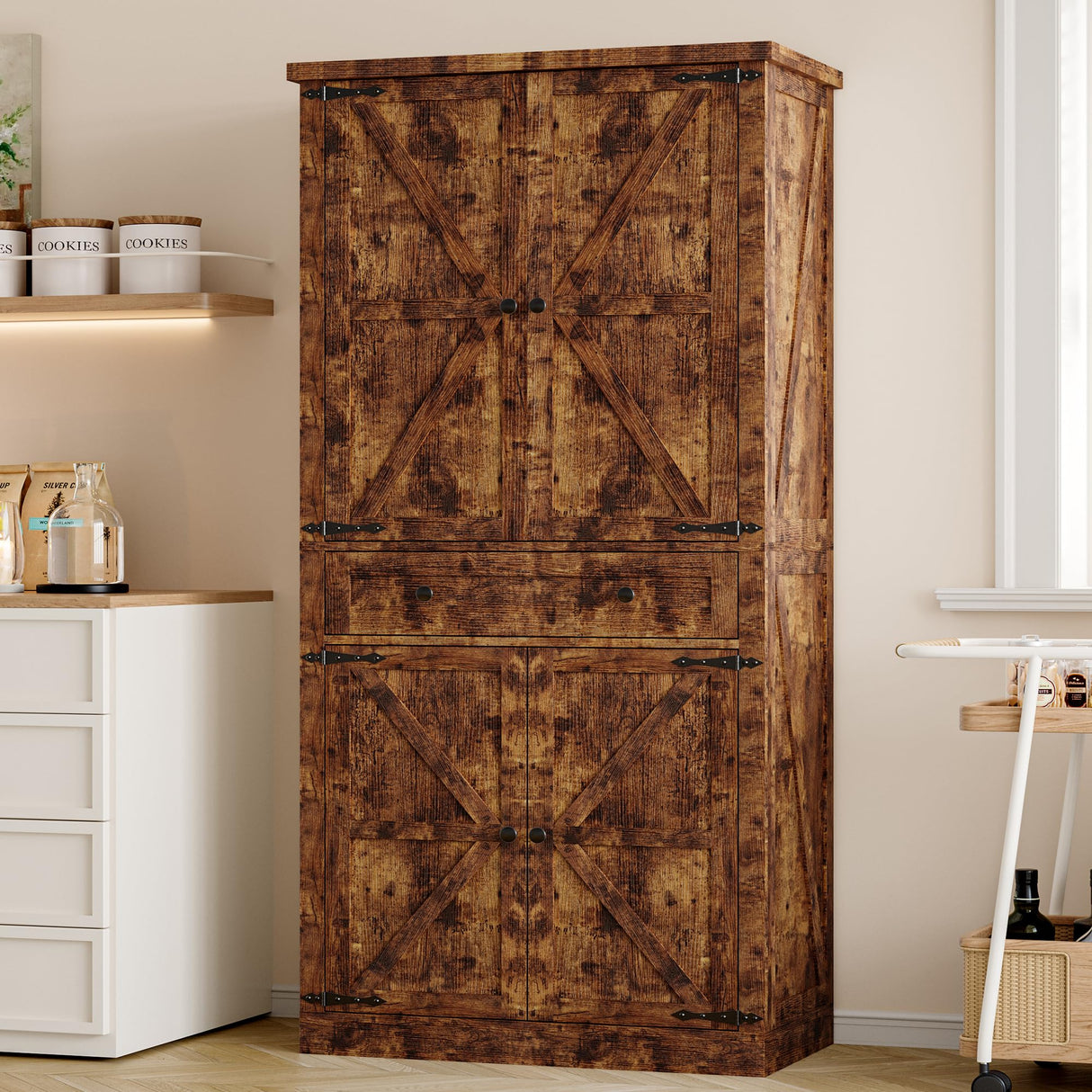 BORNOON Pantry Organizers and Storage Cabinet, 70” Barn Door White Kitchen Cabinet with Drawers and Adjustable Shelf, Tall Pantry for Kitchen, Dining Room, Living Room BORNOON