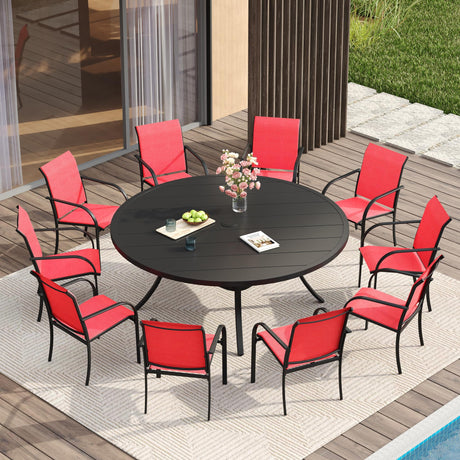 VICLLAX 11 Pieces Patio Dining Set for 10, Outdoor Furniture Set Includes 60" Round Outdoor Table and 10 Lawn Stackable Chairs, Black Tabletop and Red Fabric VICLLAX