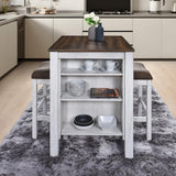 WOODHOMER 3-Piece Wooden Dining Table Set, Kitchen Island with Seating for 2, Kitchen Bar Table with Stools, Counter Height Dining Table Set, Antique Dark Oak & White, Farmhouse Style WOODHOMER