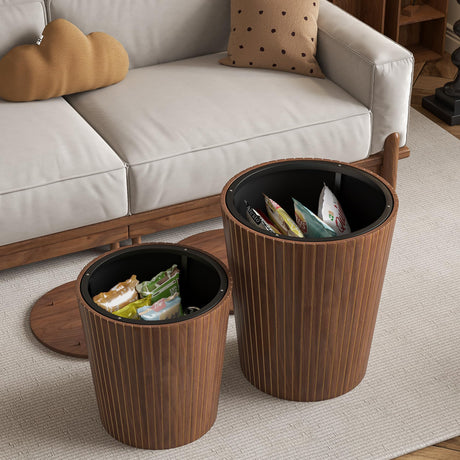 Nesting Coffee Table Set of 2, Round End Table with Storage, Farmhouse Side Table with Removable Wood Tops and Wood Basket Bases for Blanket Storage, Modern Coffee Table for Living Room (Walnut) Lisicues