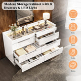AMERLIFE 47.2" W 8 Drawer Dresser with LED Light & Glass Top, Modern High Gloss Storage Chest with 2 Jewelry Drawers, Storage Organizer for Bedroom, White AMERLIFE