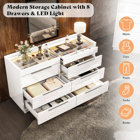 AMERLIFE 47.2" W 8 Drawer Dresser with LED Light & Glass Top, Modern High Gloss Storage Chest with 2 Jewelry Drawers, Storage Organizer for Bedroom, White AMERLIFE