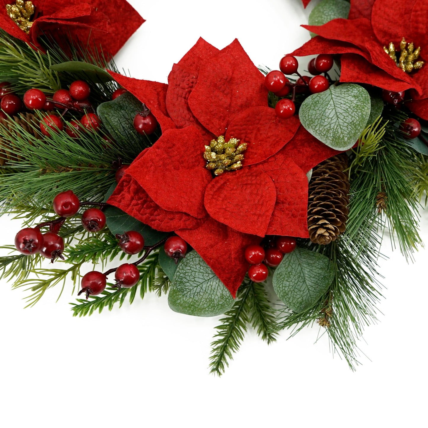 AMF0RESJ 20 inch Artificial Christmas Wreath Winter Wreath with Poinsettia,Eucalyptus Leaves,red Berry,Pine Cones,Pine Needles for Indoor Outdoor Farmhouse Home Wall Window Festival Wedding Decor