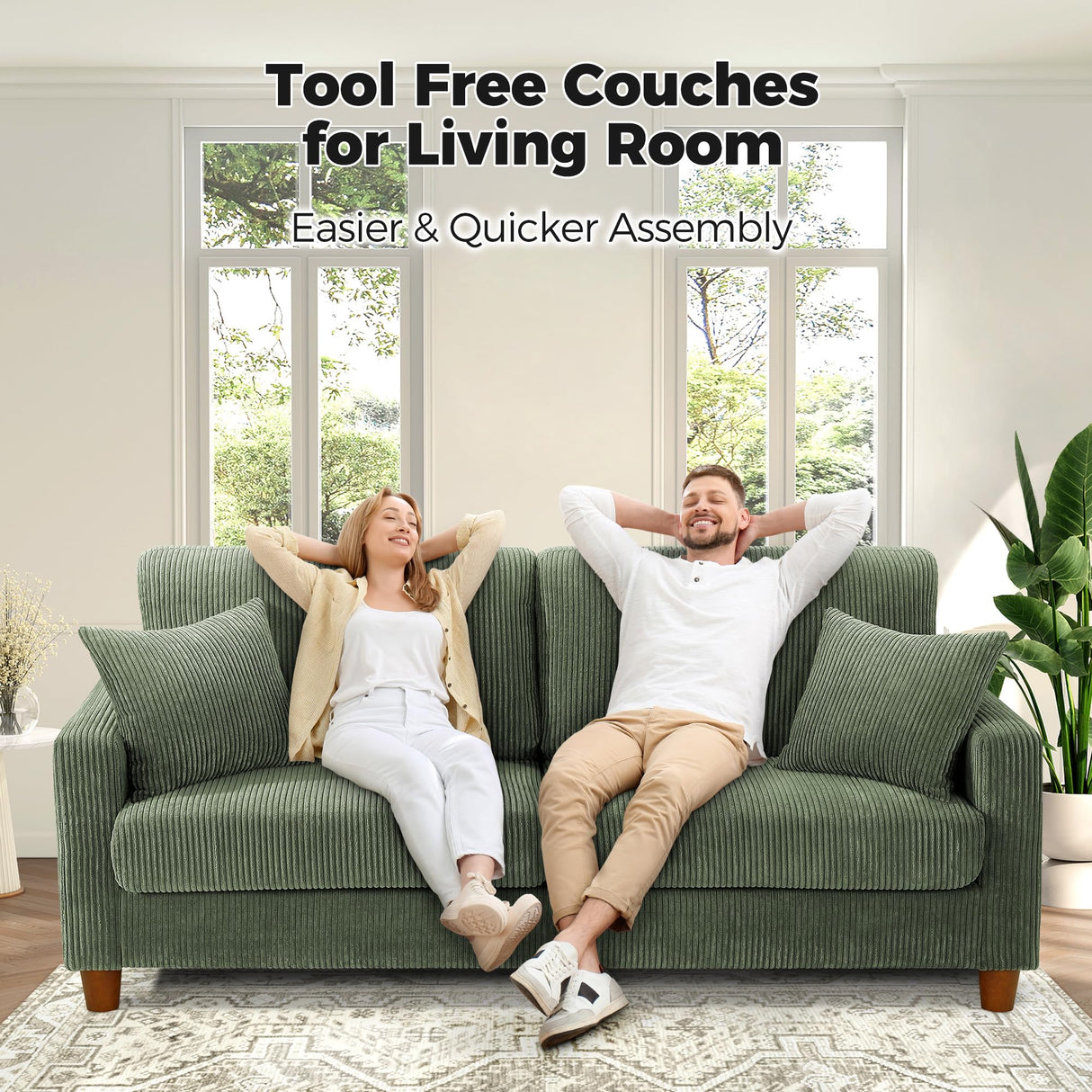 Kidirect 70in Corduroy Couch, Sofas for Living Room No Tool Assembly, Comfy Couches for Living Room 21in Deep Seats, Oversized Loveseat Sofa with 2 Pillows, 3 Seater Couch for Bedroom, Green Sofa Kidirect