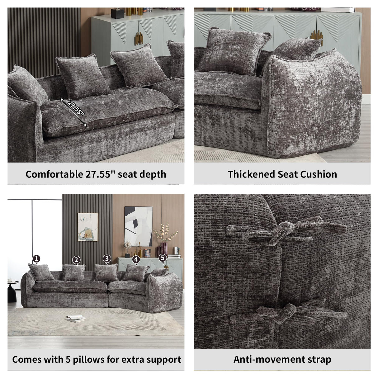 SmartEdge 125'' Modular Curved Sofa Couch, Chenille Deep Seat Sofa with 5 Pillows, Comfy 5 Seat Sofa Cloud Couch, Modular Sectional Sofa for Living Room Apartment Office, Grey SmartEdge