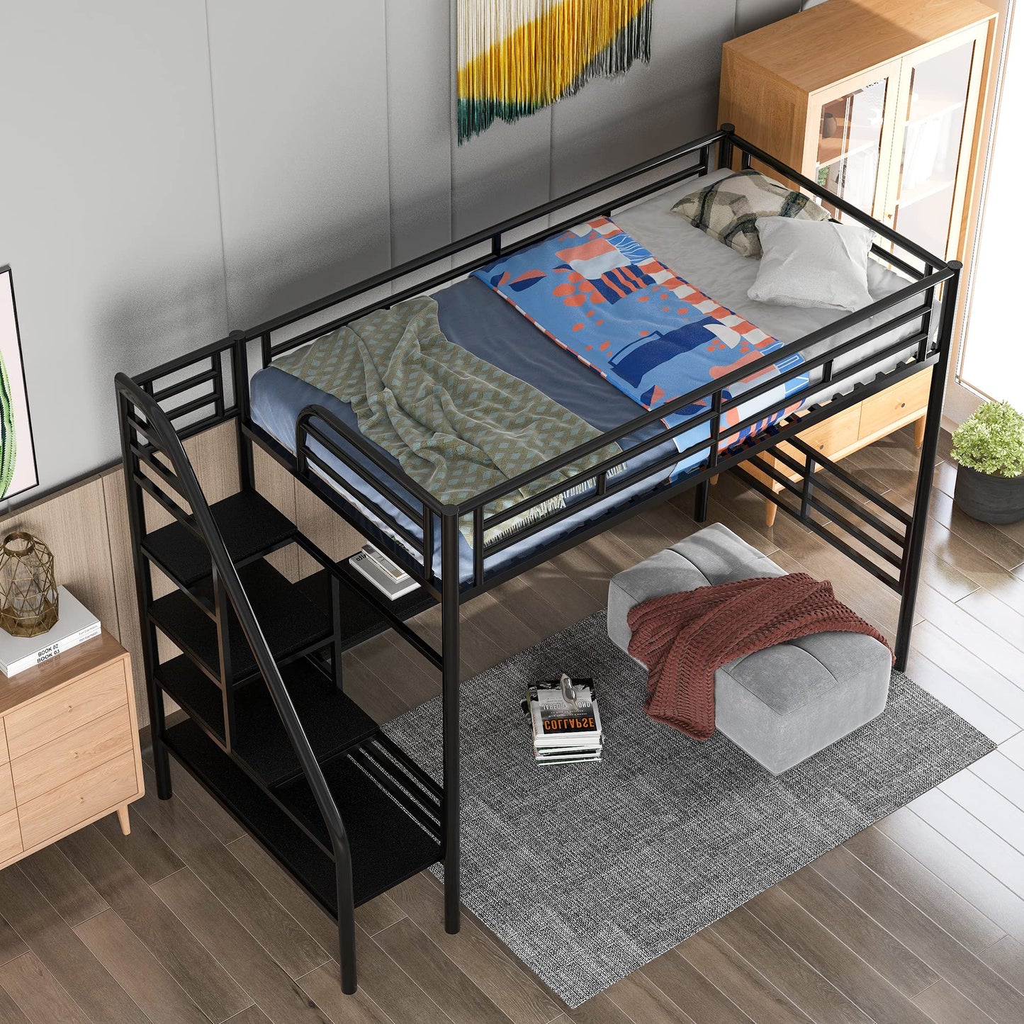 SOFTSEA Heavy Duty Twin Metal Loft Bed with Stairs and Integrated Desk - WoodArtSupply