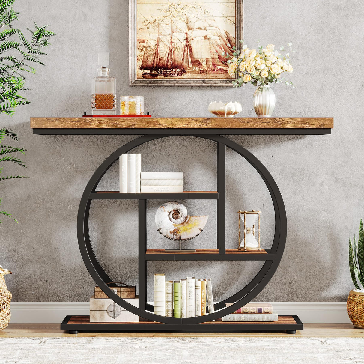 Tribesigns 41.3" Console Table, Industrial 4-Tier Sofa Table Entryway Table with Circle Base, Narrow Wood Accent Tables with Storage Shelves for Living Room, Hallway, Foyer, Rustic Brown Tribesigns