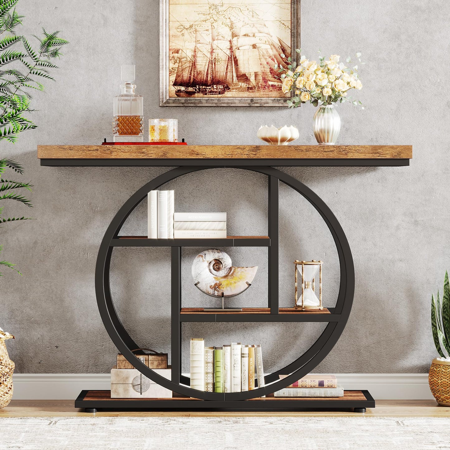 Tribesigns 41.3" Console Table, Industrial 4-Tier Sofa Table Entryway Table with Circle Base, Narrow Wood Accent Tables with Storage Shelves for Living Room, Hallway, Foyer, Rustic Brown - WoodArtSupply