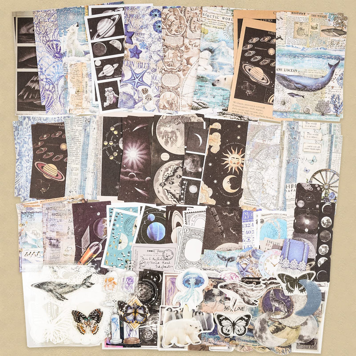 Knaid 200 Piece Vintage Ephemera Bundle - Paper & Sticker Kit for Junk Journaling, Scrapbooking, Planners, Bullet Journals, Collage, Decoupage - Black/Blue Tones Knaid