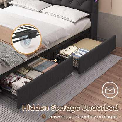 HAUOMS Queen Bed Frame with Hidden Storage Headboard, LED Lights & Charging Station, Dark Grey Upholstered Platform Bed with 4 Drawers - WoodArtSupply