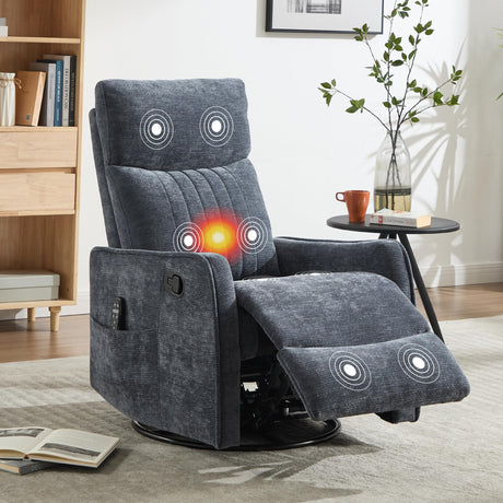 Manual Swivel Rocker Recliner Chair for Adults, Overstuffed Reclining Glider Chair for Nursing with Vibration Massage & Heat, Living Room Rocking Recliner 2-Stage backrest, Chenille Fabric Blue EZZUP