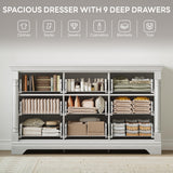 LIKIMIO Farmhouse Dresser for Bedroom with 9 Drawers, 58" Wide Wood Chest of Drawers with Roman Column, Dresser TV Stand for 65", Closet Storage Dressers Organizer for Bedroom, Living Room, Hallway LIKIMIO