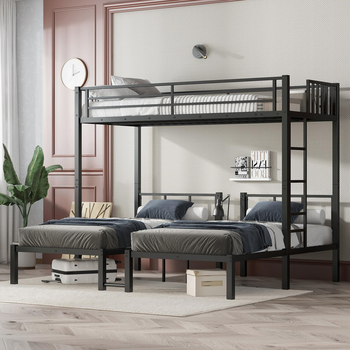 Twin Over Twin Over Twin Bunk Beds for 3 Kids,Metal Triple Bunk Bed with Built-in Desk,Twin XL Over Twin & Twin Bunk Bed,3 Bed Bunk Beds,Twin Size Triple Bed,Black Bellemave