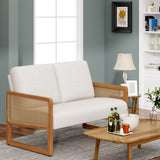 Apeaka Small Loveseat Sofa with Rattan Arms Linen Mini Couch for Living Room Bedroom Modern Upholstered Love Seat with Wood Legs Ivory Apeaka