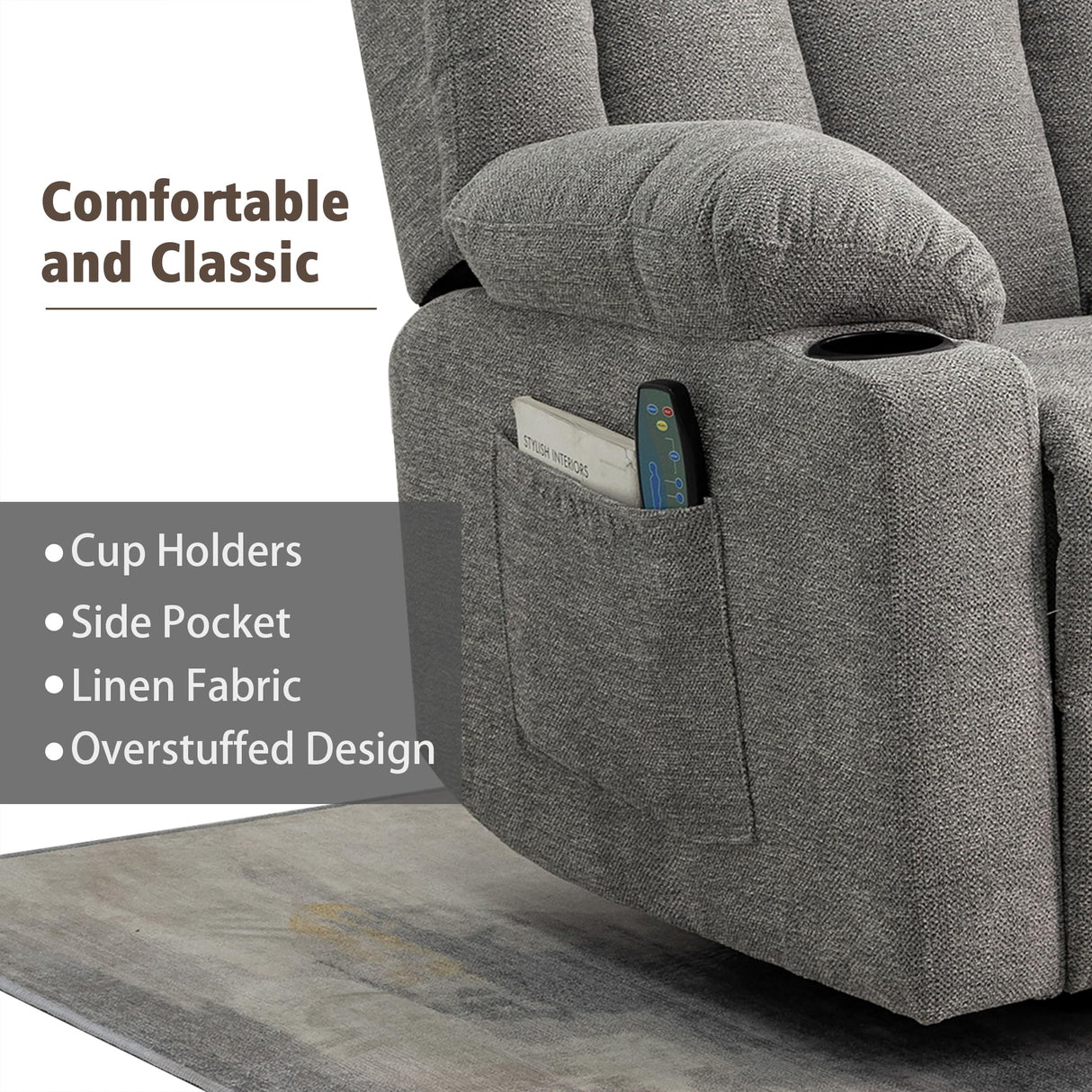 Ketaiyou Rocker Swivel Recliner Chair for Adults, Overstuffed Large Manual Recliner Glider with Massage and Heat, Comfy Soft Fabric Living Room Reclining Sofa Chair(Lime Gray) Ketaiyou