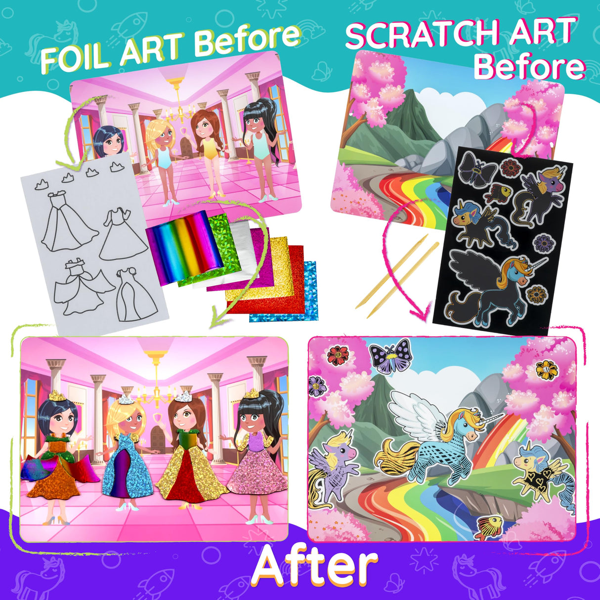 Craftikit ® Award-Winning Unicorn and Princess Foil Art & Rainbow Scratch Art for Kids- 2-in-1 Arts and Crafts Kit for Kids Ages 4-10 - Unicorn Crafts for Girls Ages 4, 5, 6, 7, 8, 9, 10 Craftikit