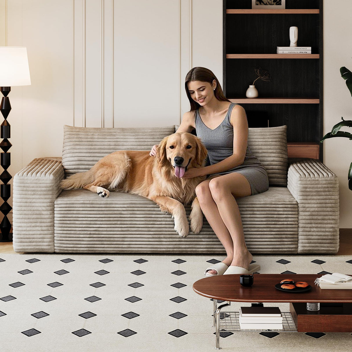 RENDGO 63" Cloud Loveseat Sofa Couch,No Assembly Required 2 Seater Foam Floor Boneless Couches,Modern Apartment Deep Seat Sofas with Corduroy Fabric,Small Love Seat,Camel RENDGO