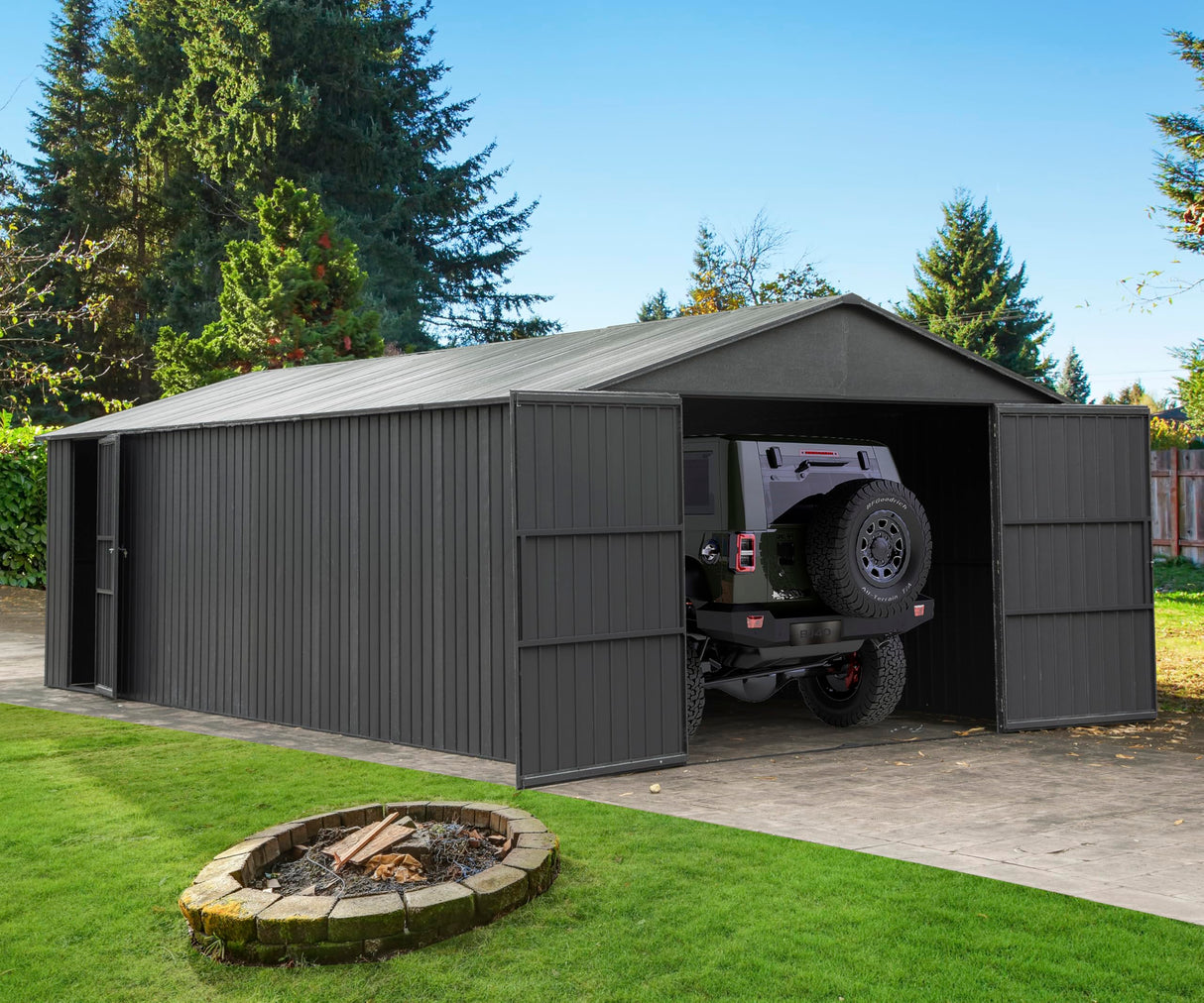 Domi 12x25FT Outdoor Metal Garage Shed, Extra Large Carport with Skylights & Dual-Entry, Backyard Storage Shed for Car, Truck, Lawn Mower and Tool, Dark Grey domi outdoor living
