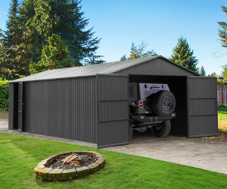 Domi 12x25FT Outdoor Metal Garage Shed, Extra Large Carport with Skylights & Dual-Entry, Backyard Storage Shed for Car, Truck, Lawn Mower and Tool, Dark Grey domi outdoor living
