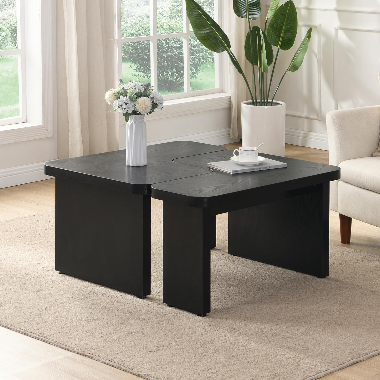 FIVEGIVEN Black Modern Coffee Table - Modular L Shaped Convertible to Square/Rectangle, 47.2 Inch Wooden Coffee Table with Rounded Corners & Adjustable Feet FIVEGIVEN