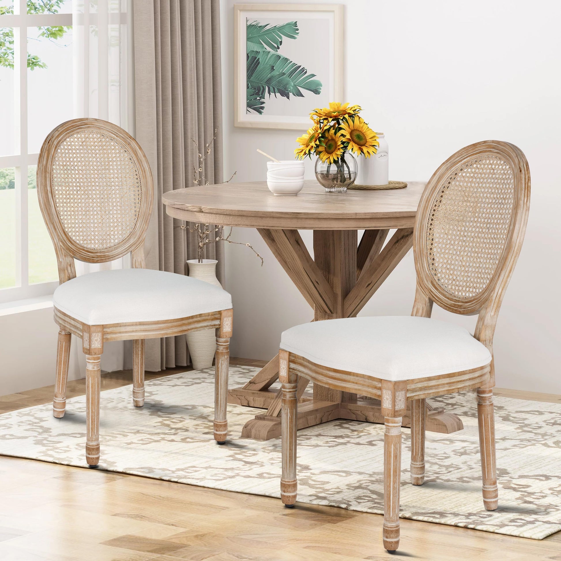 Polar Aurora Dining Chairs Set of 2 Beige Rattan Round Back with Solid Wood Legs and Frame for French Country Kitchen Dining Room - WoodArtSupply