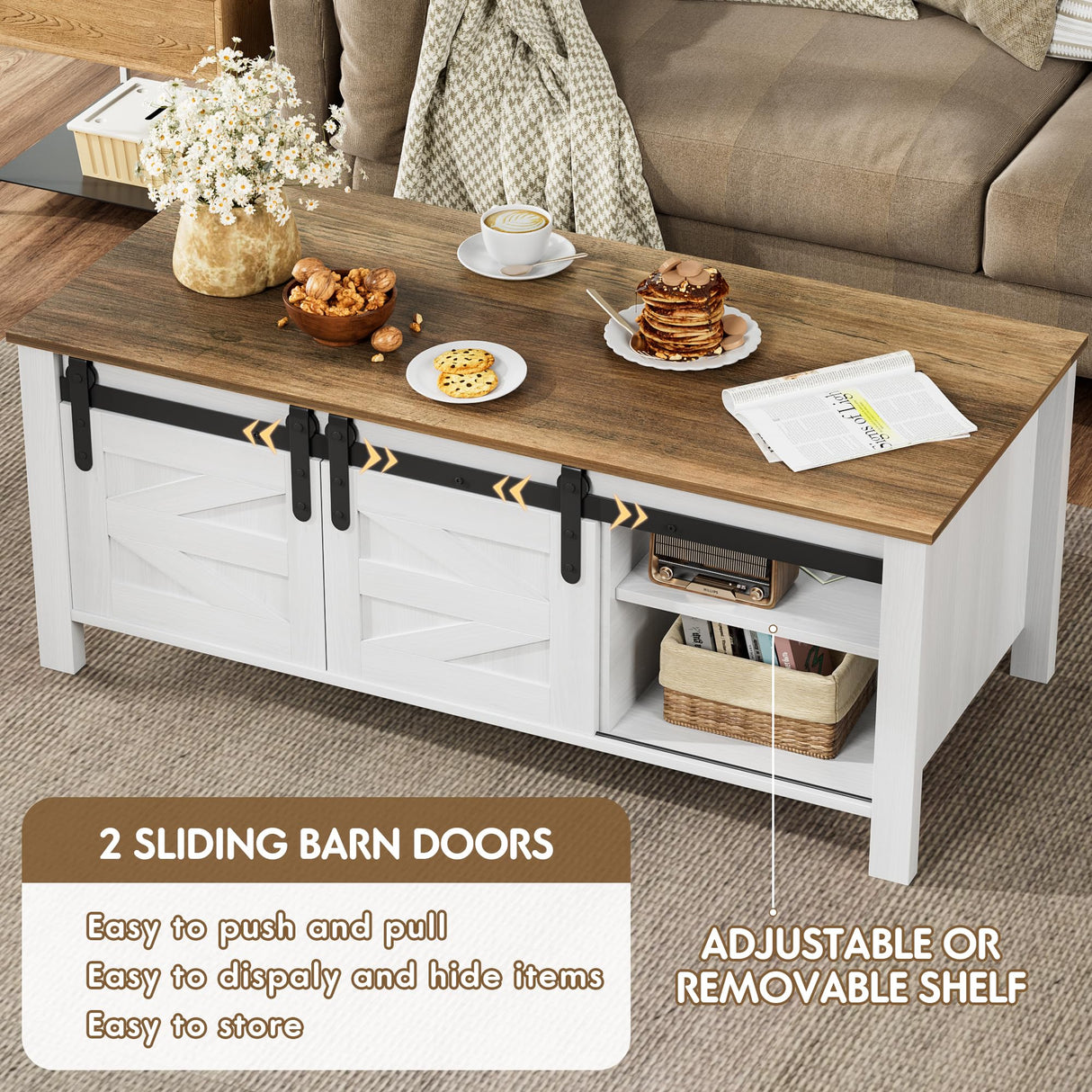 JUMMICO Farmhouse Coffee Table with Storage & Sliding Barn Doors, Modern Rustic Living Room Table with Adjustable Shelves, Wooden Rustic Center Table for Living Room (Antique White) JUMMICO