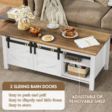 JUMMICO Farmhouse Coffee Table with Storage & Sliding Barn Doors, Modern Rustic Living Room Table with Adjustable Shelves, Wooden Rustic Center Table for Living Room (Antique White) JUMMICO