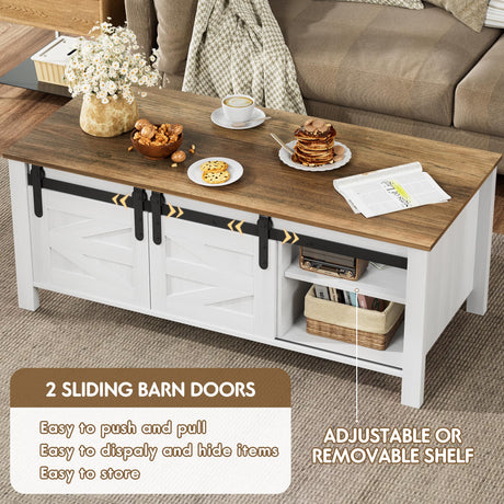 JUMMICO Farmhouse Coffee Table with Storage & Sliding Barn Doors, Modern Rustic Living Room Table with Adjustable Shelves, Wooden Rustic Center Table for Living Room (Antique White) JUMMICO