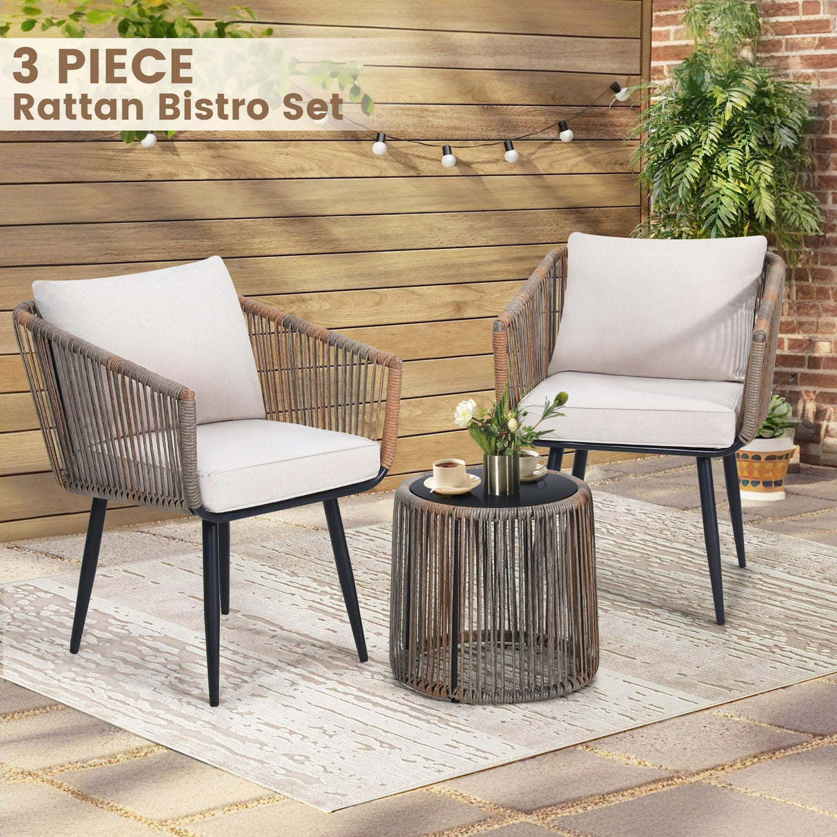 Kromax 3 Piece Patio Rattan Bistro Conversation Set, Outdoor All Weather Wicker Furniture Chairs and Side Table Set, Ideal for Balcony, Porch and Backyard, Beige Kromax