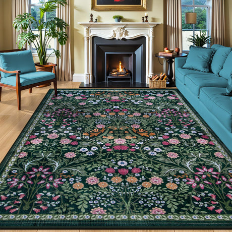 8x10 Area Rugs for Living Room: Floral Washable Rug Vintage Large Soft Boho Non-Slip Carpet Indoor Floor Stain Resistant Carpets for Bedroom Dining Room Farmhouse Nursery Home Office Dark Green PLHXFR