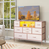 Simoretus Dresser with Charging Station and LED Light for Bedroom 8 Fabric Drawers Chest of Drawers with Power Outlet Storage Open Shelf for Living Room TV Stand Closet Hallway (Pink) Simoretus